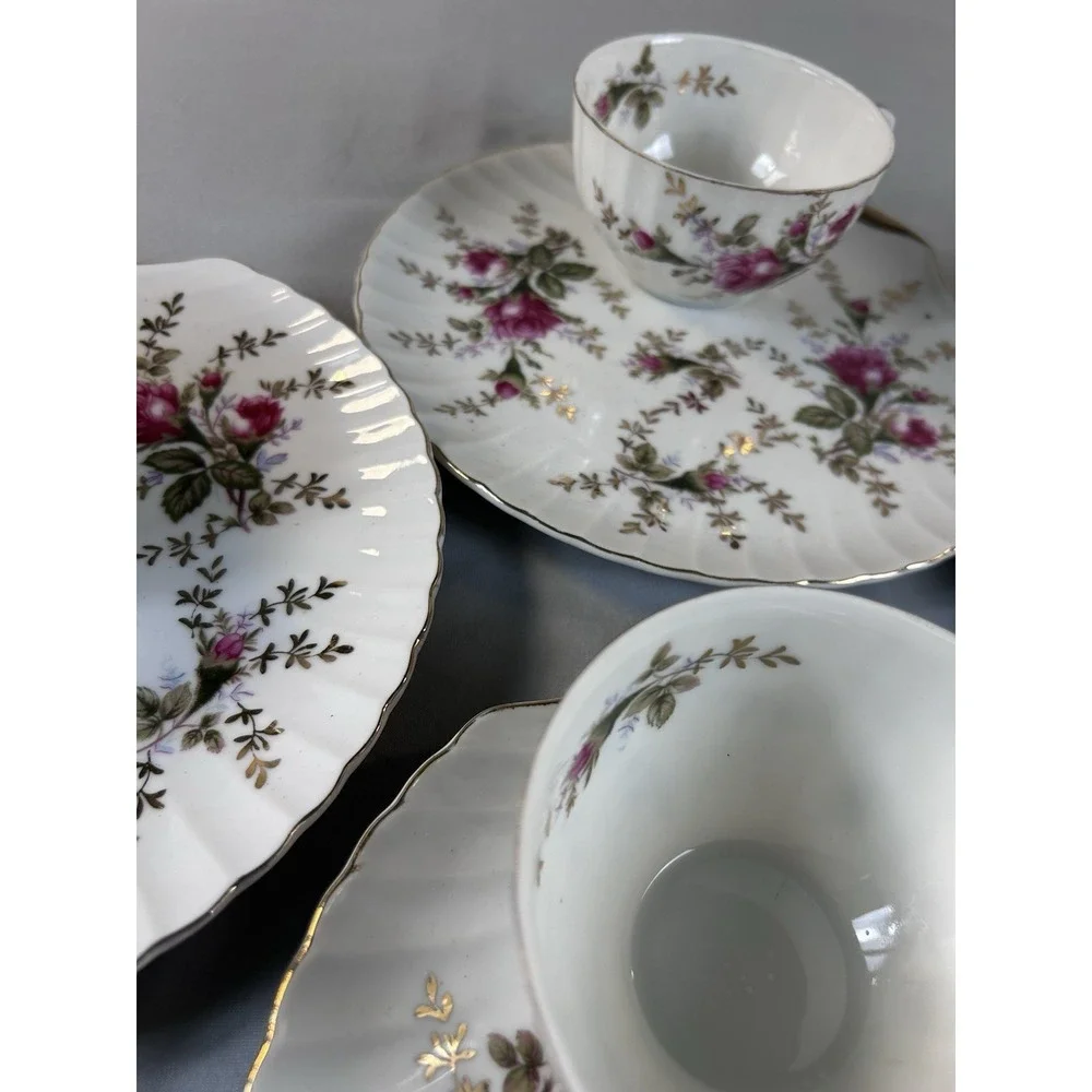 Vintage Japan Tea Cup Saucer Set 4 Floral Gold Trim Scalloped‎ Plates